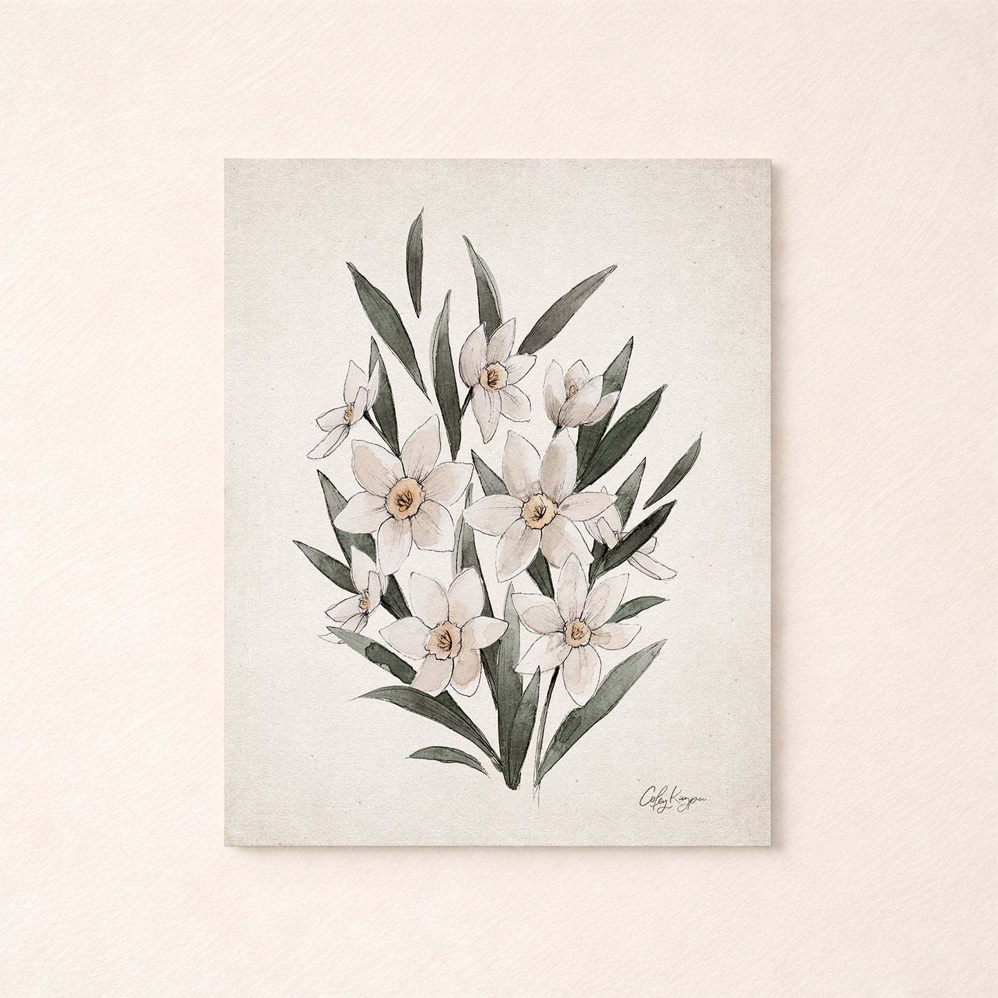 Daffodil birth flower wall art on neutral background– March watercolor art print by Coley Kuyper