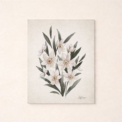 Daffodil birth flower wall art on neutral background– March watercolor art print by Coley Kuyper
