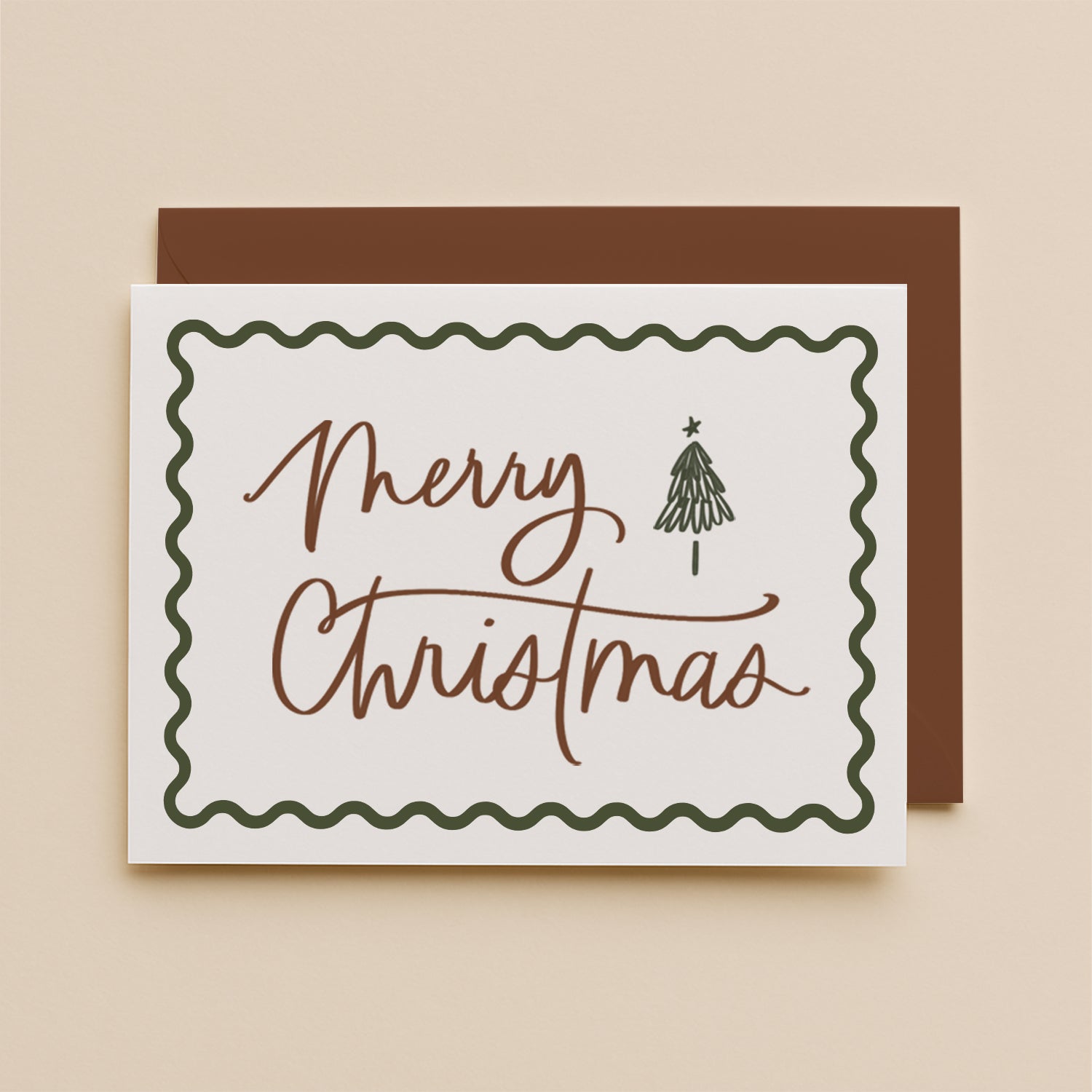 Christmas card with 'Merry Christmas' text and a tree on a beige background