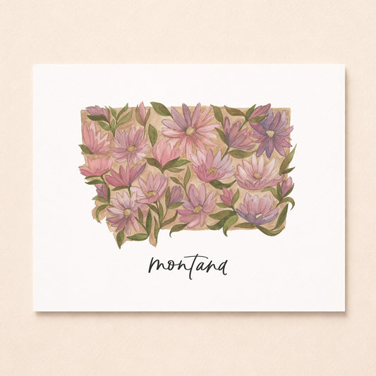 Montana state flower Bitterroot watercolor art print with hand-lettered Montana underneath on archival paper