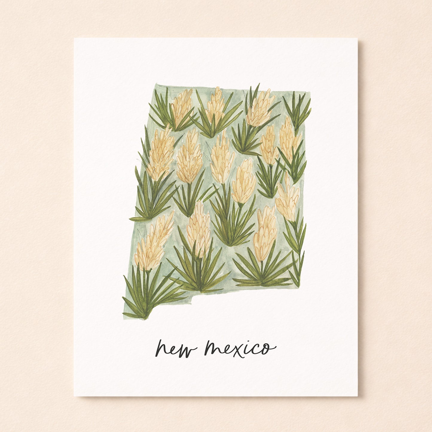 New Mexico state flower Yucca watercolor art print with hand-lettered New Mexico underneath on archival paper