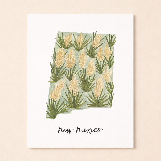 New Mexico state flower Yucca watercolor art print with hand-lettered New Mexico underneath on archival paper
