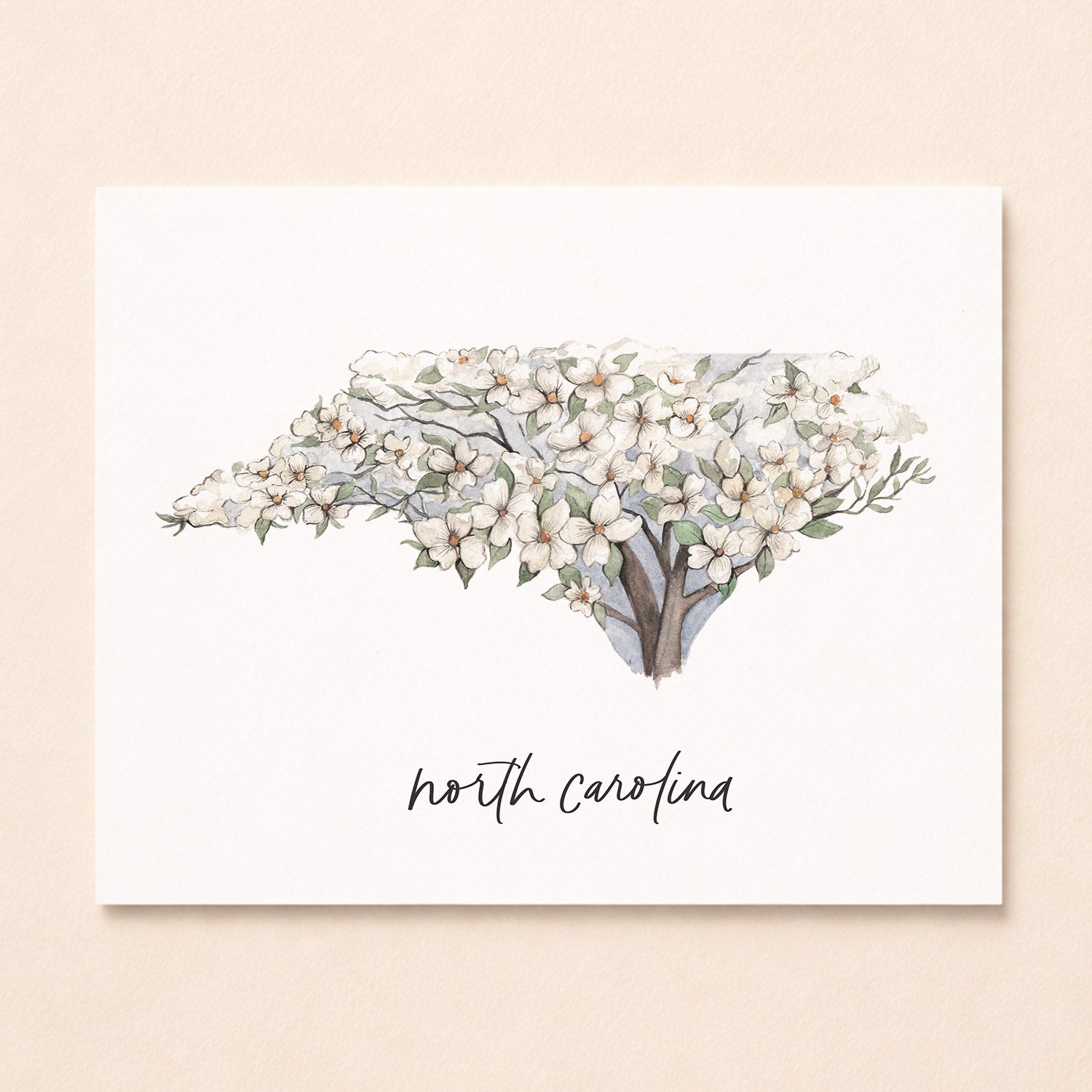 North Carolina state flower Dogwood watercolor art print with hand-lettered North Carolina underneath on archival paper