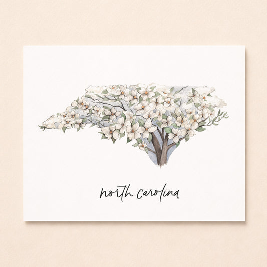 North Carolina state flower Dogwood watercolor art print with hand-lettered North Carolina underneath on archival paper