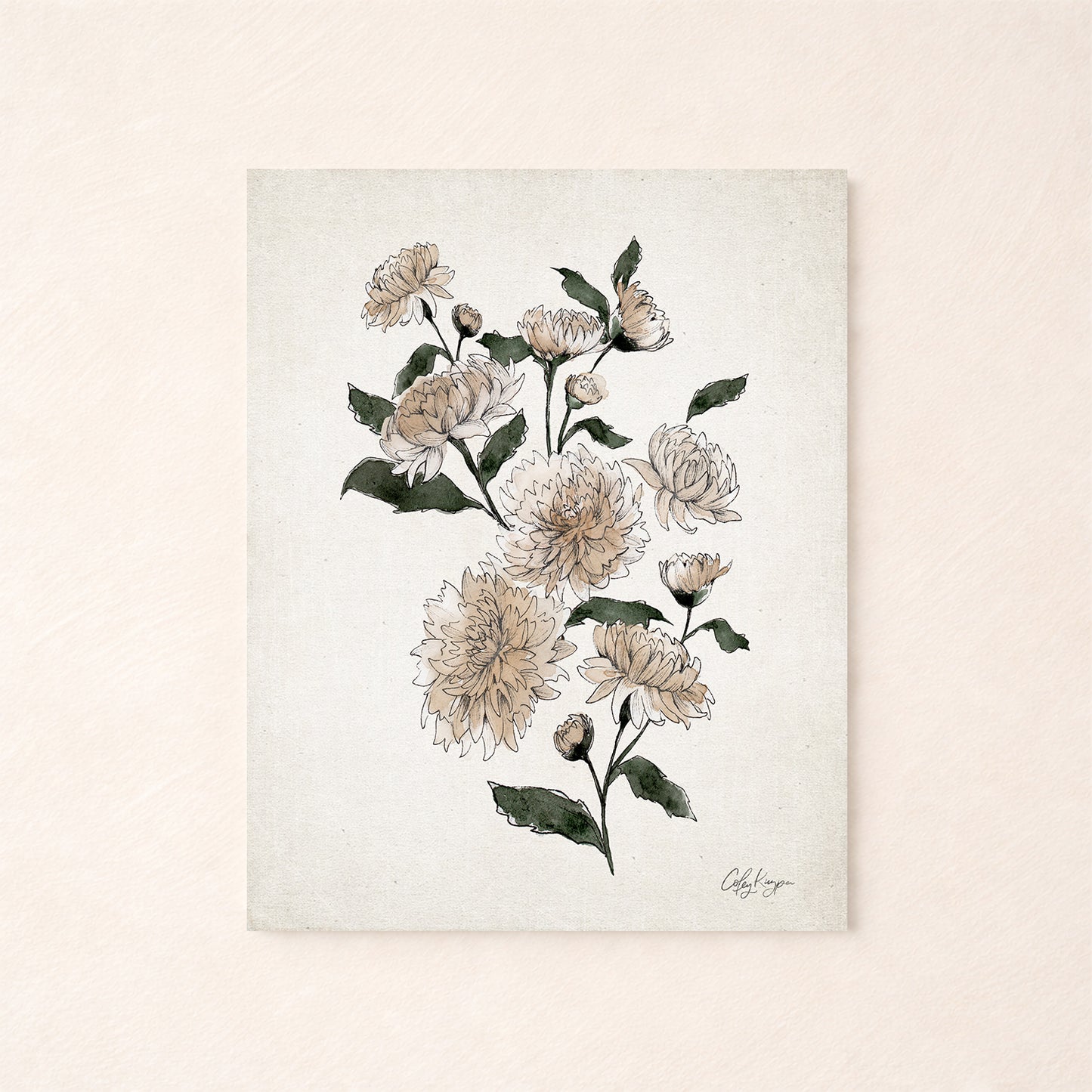 November chrysanthemum birth flower watercolor art print in soft peach and green neutral tones