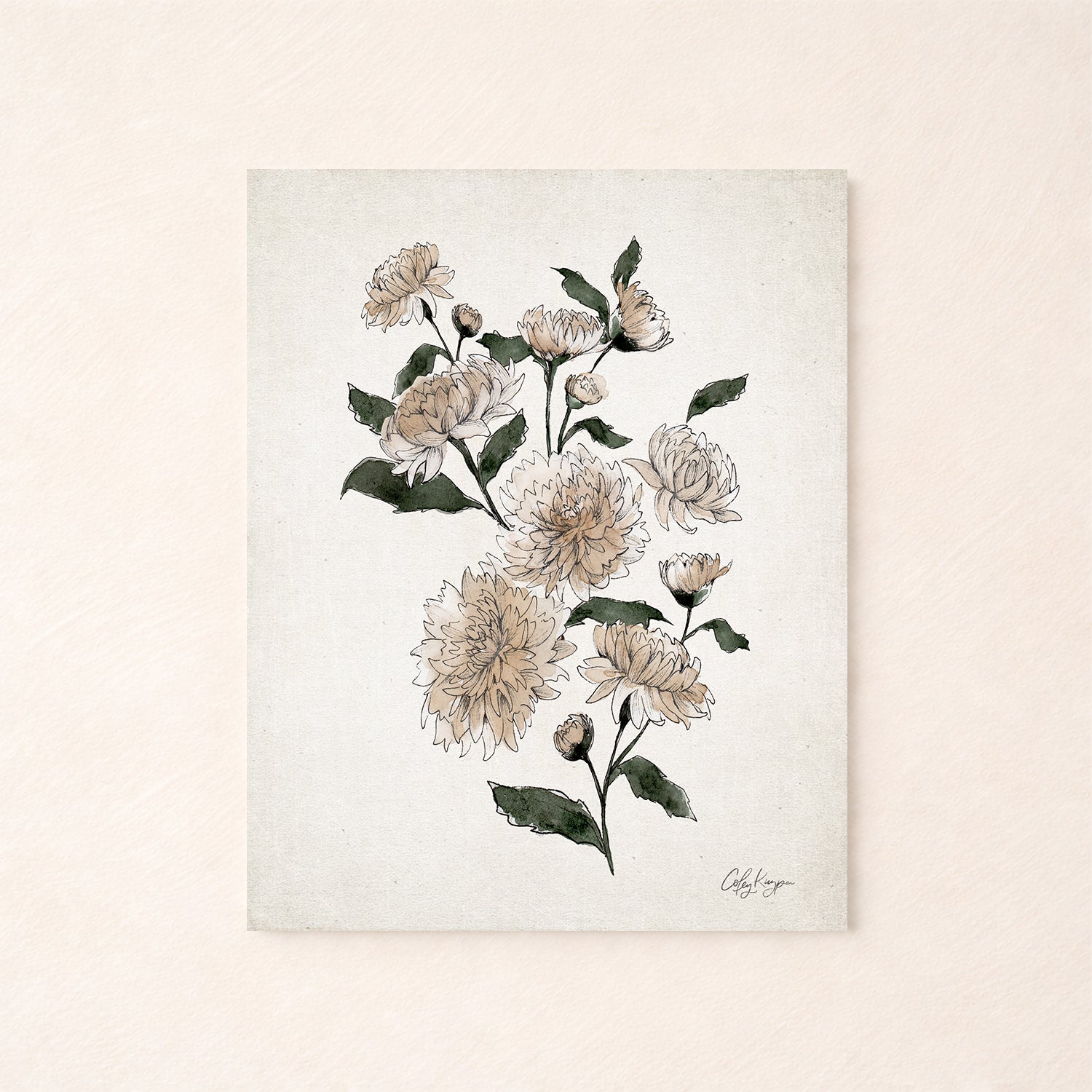 November chrysanthemum birth flower watercolor art print in soft peach and green neutral tones