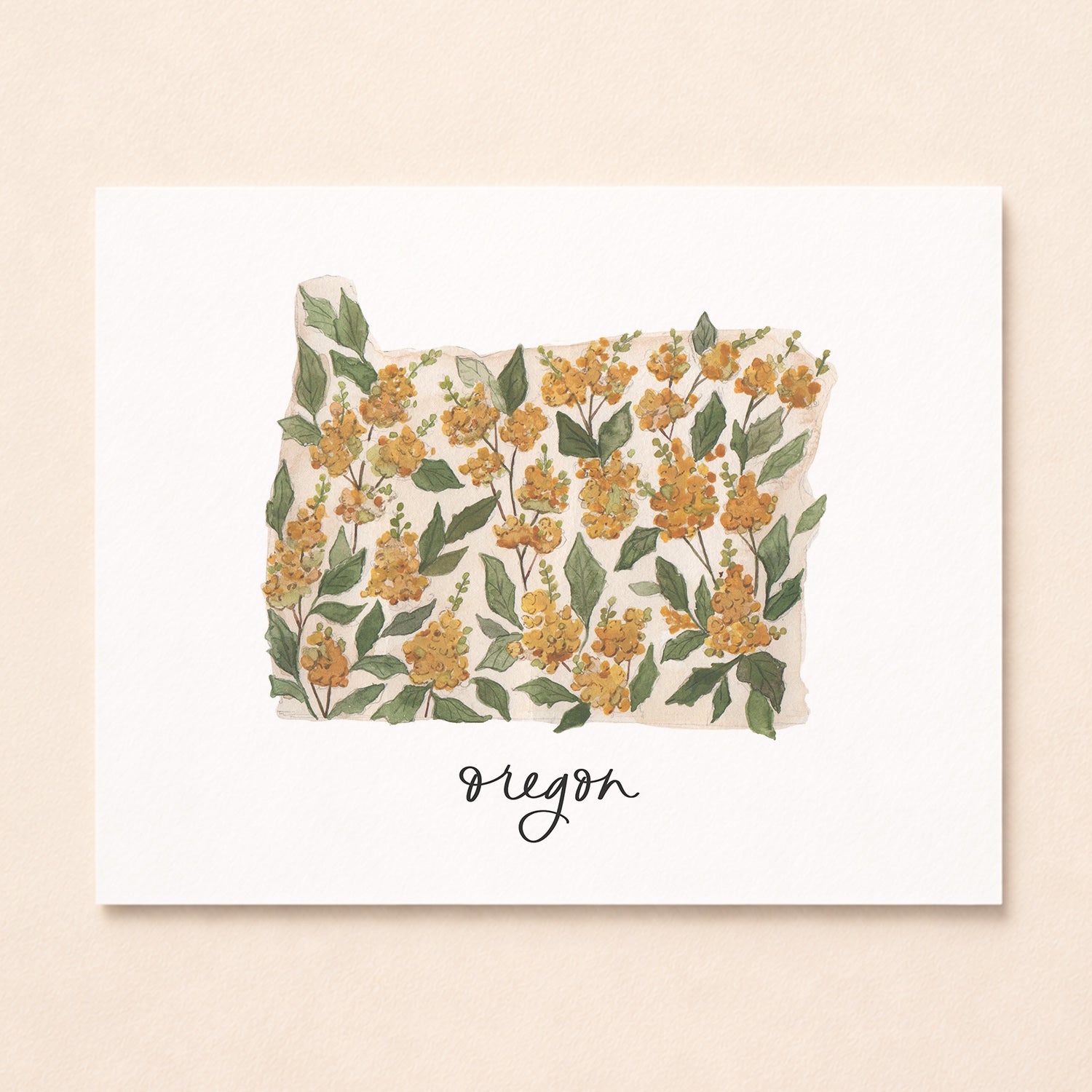 Oregon state flower Oregon Grape watercolor art print with hand-lettered Oregon underneath on archival paper