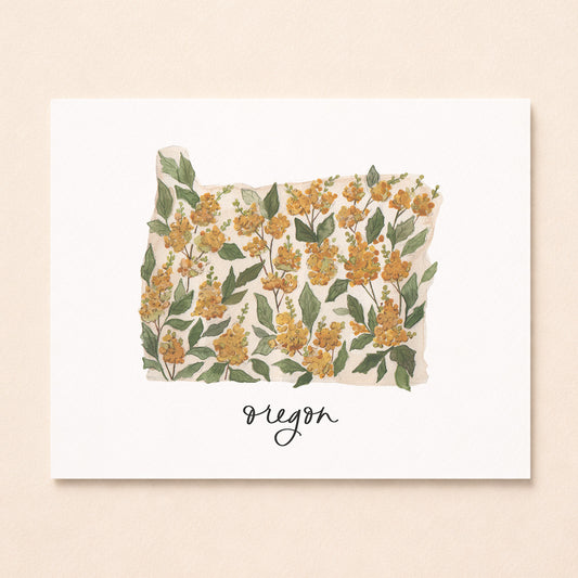 Oregon state flower Oregon Grape watercolor art print with hand-lettered Oregon underneath on archival paper
