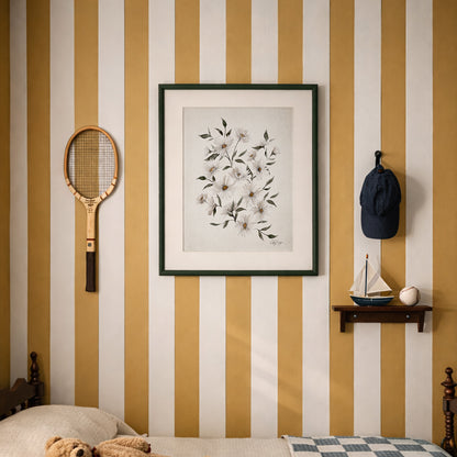 September aster birth flower watercolor art print in soft neutral tones artwork with a tennis racket, teddy bear, and small boat on a wall with vertical yellow striped pattern.