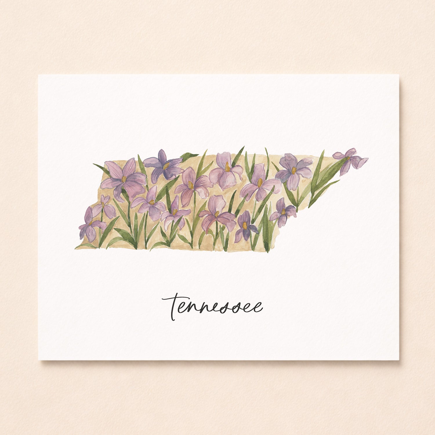 Tennessee state flower Iris watercolor art print with hand-lettered Tennessee on underneath archival paper