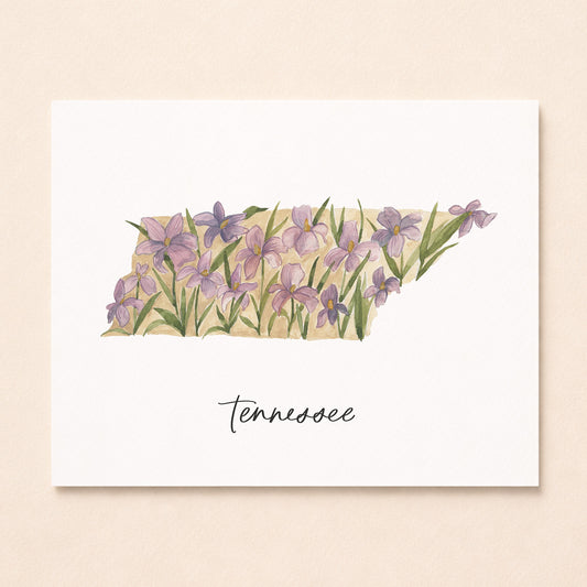 Tennessee state flower Iris watercolor art print with hand-lettered Tennessee on underneath archival paper