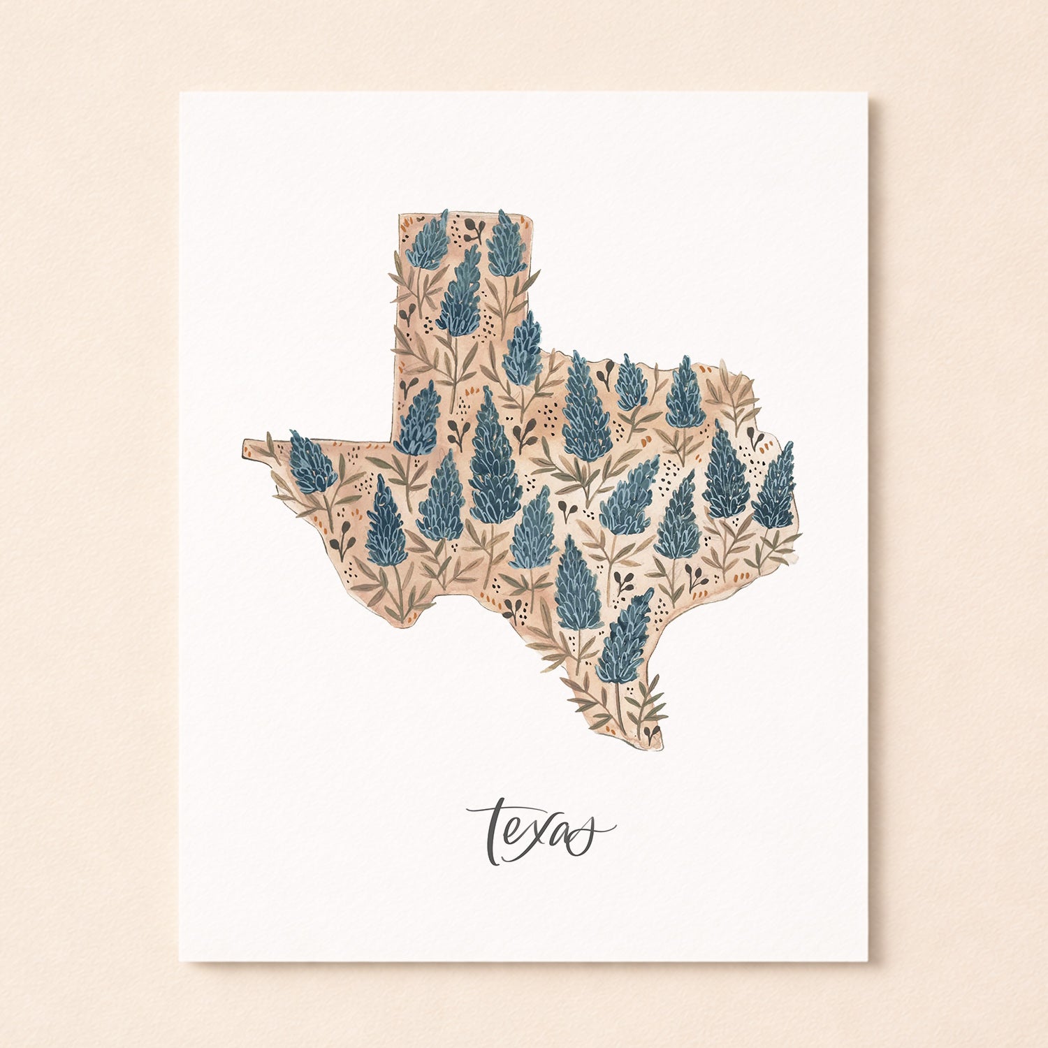 Texas state flower Bluebonnet watercolor art print with hand-lettered Texas underneath on archival paper
