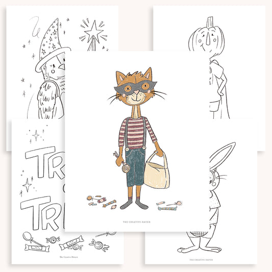 Trick or Treat Friends | Halloween Printable Coloring Page Bundle | 5 Pages Instant Download - Coley Kuyper Art