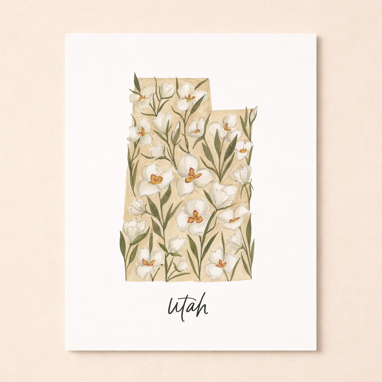 Utah state flower Sego Lily watercolor art print with hand-lettered Utah underneath on archival paper