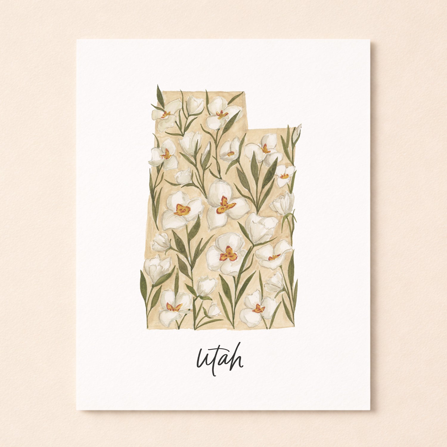 Utah state flower Sego Lily watercolor art print with hand-lettered Utah underneath on archival paper