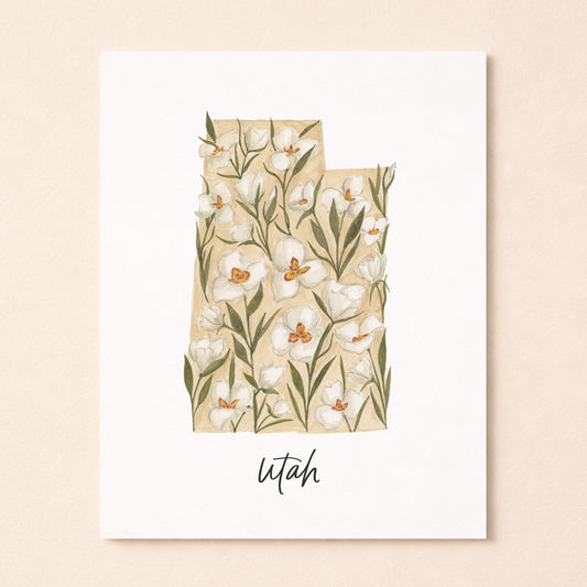 Utah state flower Sego Lily watercolor art print with hand-lettered Utah underneath on archival paper