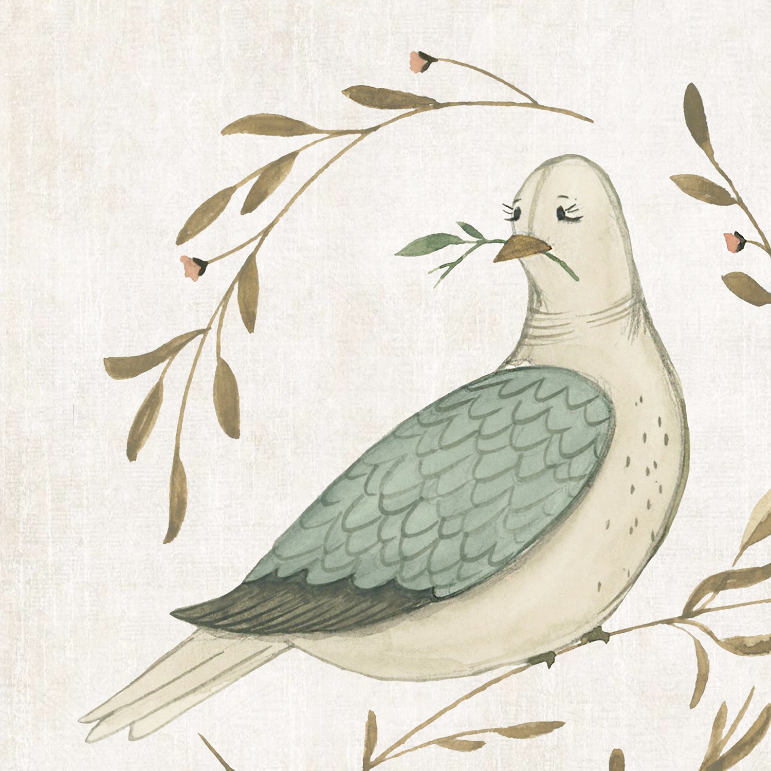 Illustration of a dove holding an olive branch on a beige background/ watercolor dove peace on earth christmas art print