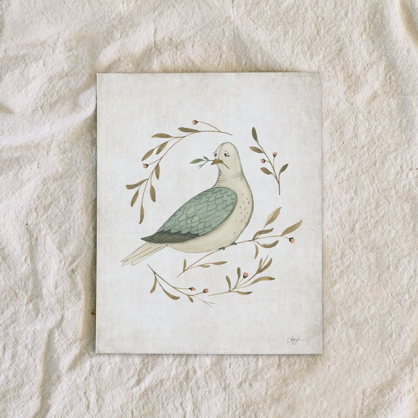 Illustration of a dove with olive branches on a textured beige background. watercolor dove peace on earth christmas art print