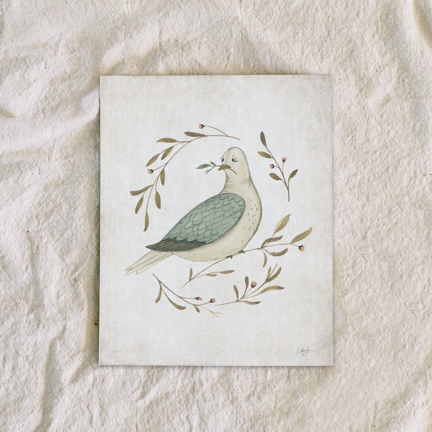 Illustration of a dove with olive branches on a textured beige background. watercolor dove peace on earth christmas art print