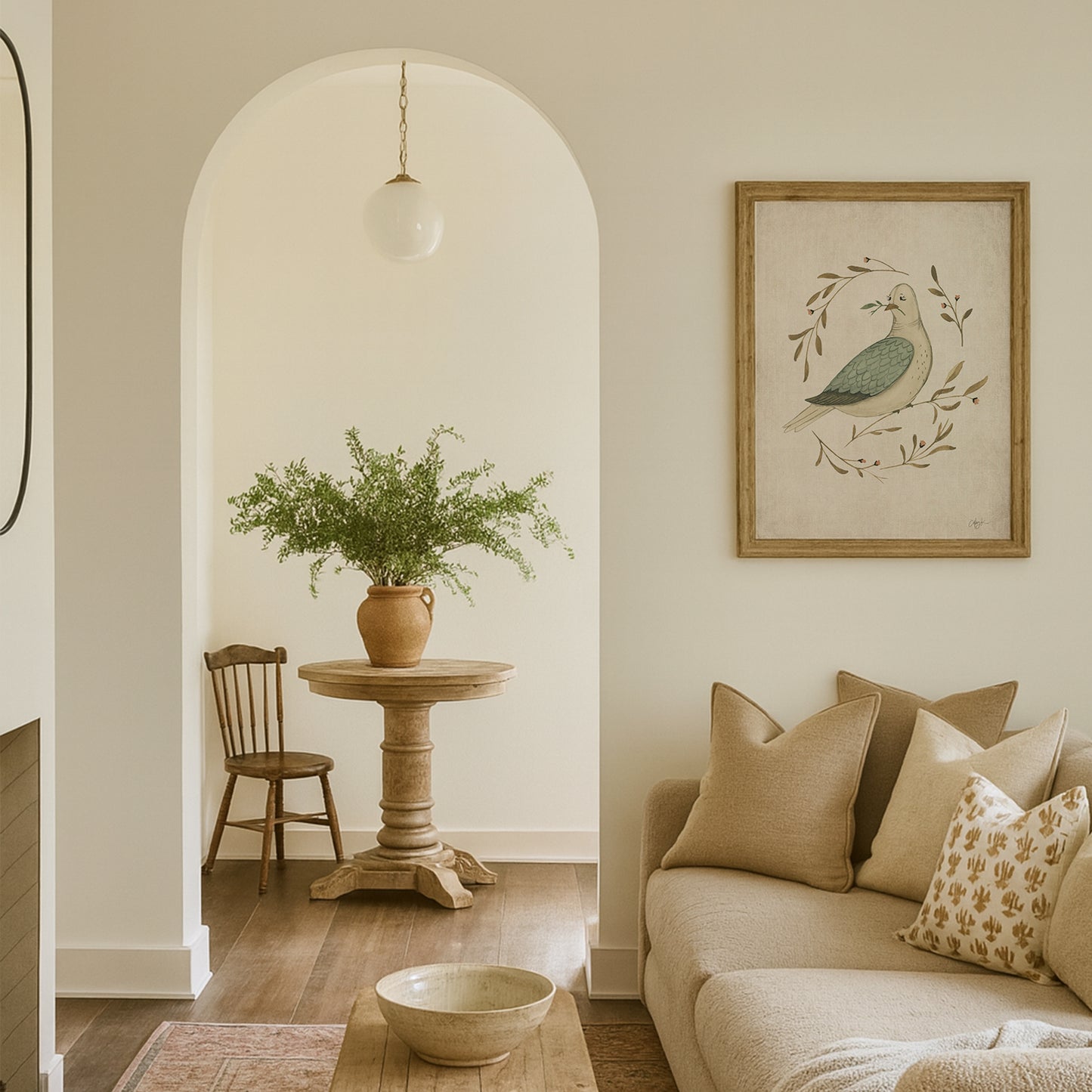 Living room with beige sofa, wooden table, and decorative elements. watercolor dove peace on earth christmas art print