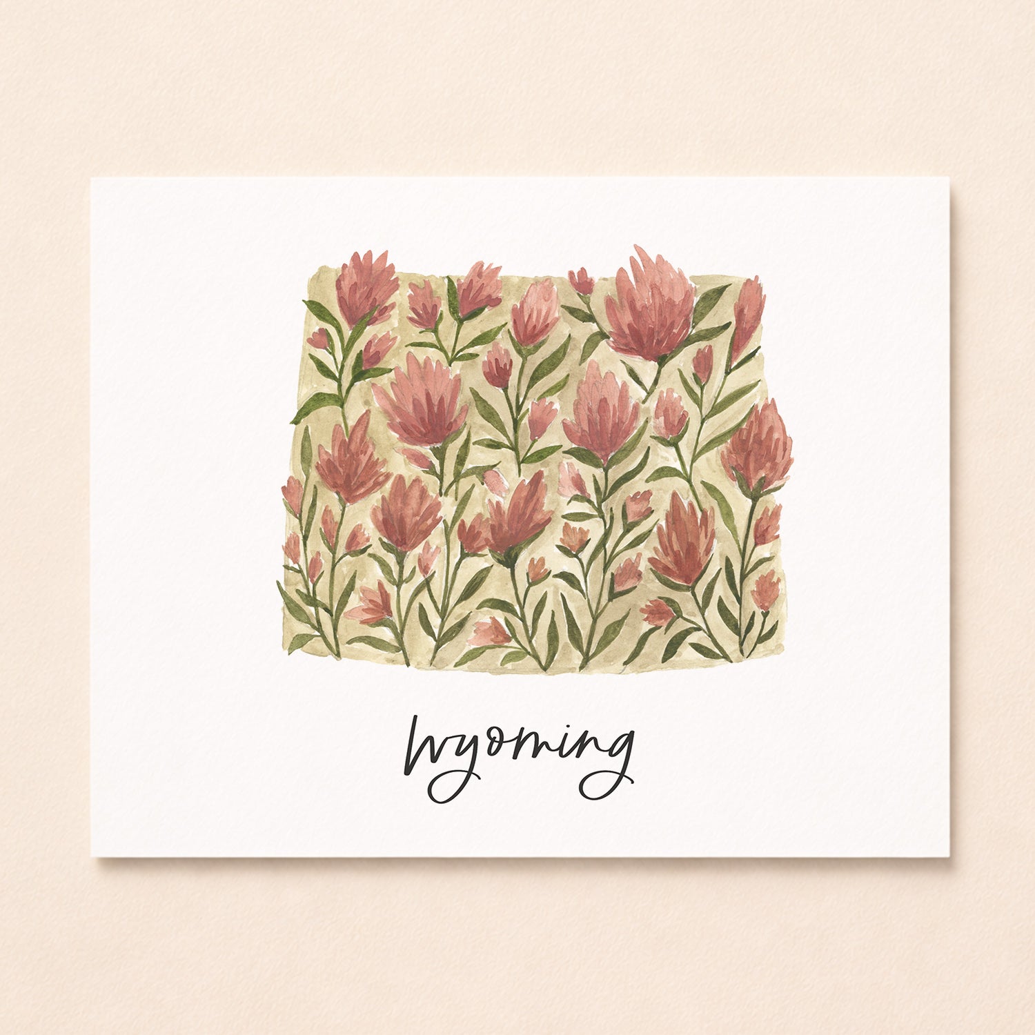 Wyoming state flower Indian Paintbrush watercolor art print with hand-lettered Wyoming underneath on archival paper