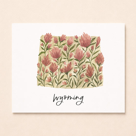 Wyoming state flower Indian Paintbrush watercolor art print with hand-lettered Wyoming underneath on archival paper