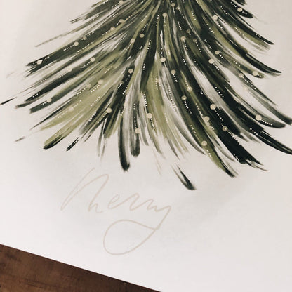 watercolor christmas tree art print with hand lettered word merry