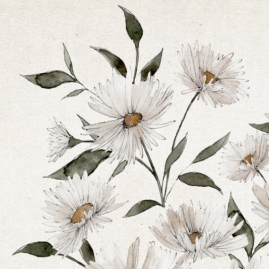 September aster birth flower watercolor art print in soft neutral tones
